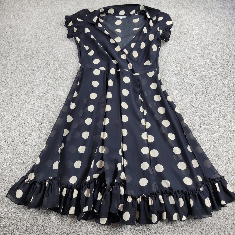 Sandra Darren Womens Dress 10 Black Polka Dots Faux Wrap Ruffle Hem Fit & Flare
